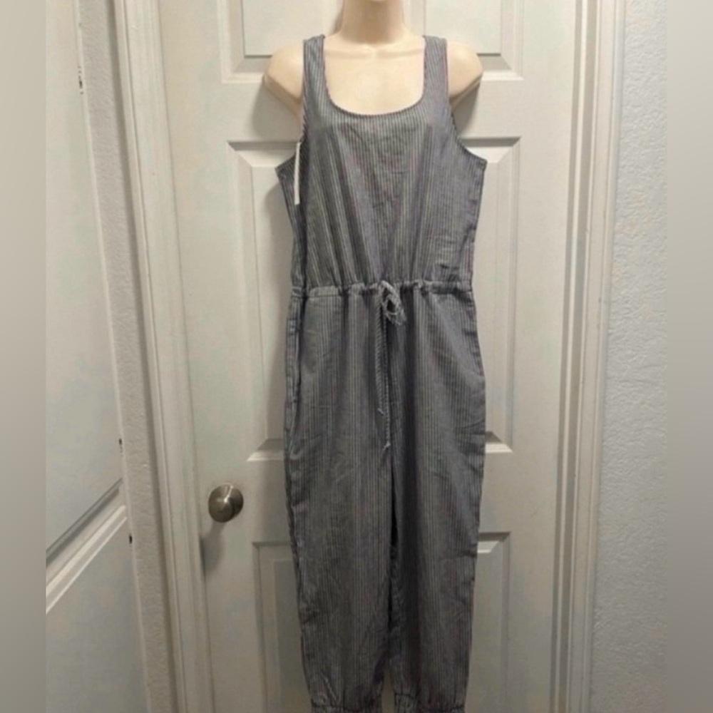 Anthropologie DREW Navy and Ivory Striped Cotton Jogger Jumpsuit Pockets-MED-NWT